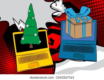 Cartoon Laptop, comic book Notebook with Gift Box and Christmas decorated pine tree. Retro vector comics pop art design.