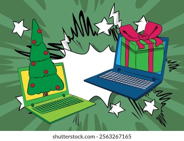 Cartoon Laptop, comic book Notebook with Gift Box and Christmas decorated pine tree. Retro vector comics pop art design.