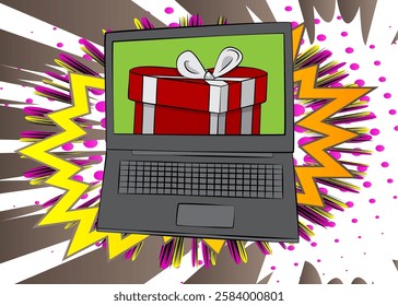 Cartoon Laptop, comic book Notebook with Valentine day gift box. Retro vector comics pop art design.