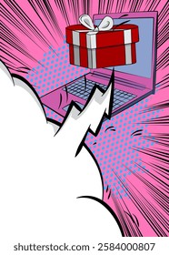 Cartoon Laptop, comic book Notebook with Valentine day gift box. Retro vector comics pop art design.