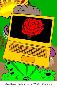 Cartoon Laptop, comic book Notebook with Red Rose. Retro vector comics pop art design.