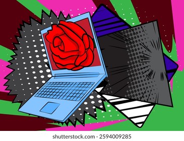 Cartoon Laptop, comic book Notebook with Red Rose. Retro vector comics pop art design.