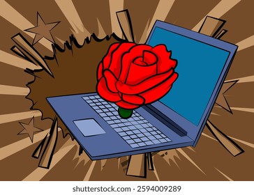 Cartoon Laptop, comic book Notebook with Red Rose. Retro vector comics pop art design.