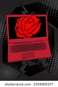 Cartoon Laptop, comic book Notebook with Red Rose. Retro vector comics pop art design.