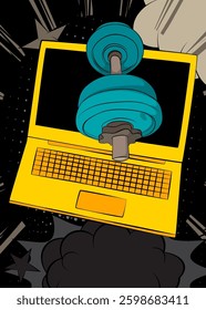 Cartoon Laptop, comic book Notebook with Dumbbell. Retro vector comics pop art design.