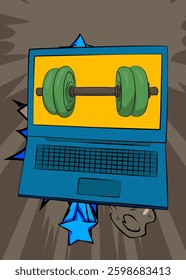 Cartoon Laptop, comic book Notebook with Dumbbell. Retro vector comics pop art design.