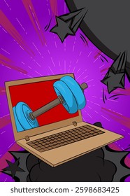 Cartoon Laptop, comic book Notebook with Dumbbell. Retro vector comics pop art design.
