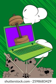 Cartoon Laptop, comic book Notebook with Dumbbell. Retro vector comics pop art design.