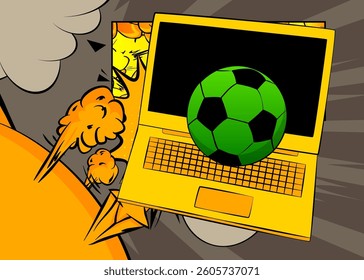 Cartoon Laptop, comic book Notebook with Soccer Ball. Retro vector comics pop art design.