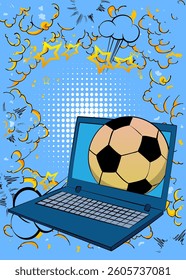 Cartoon Laptop, comic book Notebook with Soccer Ball. Retro vector comics pop art design.