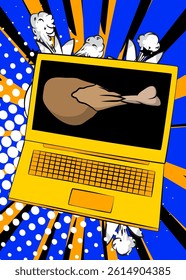 Cartoon Laptop, comic book Notebook with chicken drumstick and thigh. Retro vector comics pop art design.