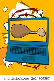 Cartoon Laptop, comic book Notebook with chicken drumstick and thigh. Retro vector comics pop art design.