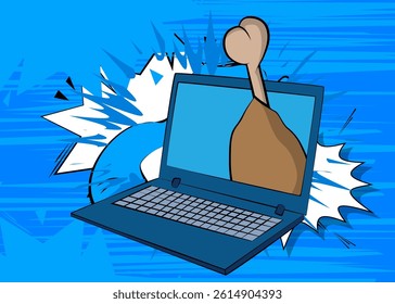 Cartoon Laptop, comic book Notebook with chicken drumstick and thigh. Retro vector comics pop art design.