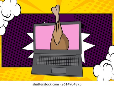 Cartoon Laptop, comic book Notebook with chicken drumstick and thigh. Retro vector comics pop art design.