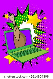 Cartoon Laptop, comic book Notebook with chicken drumstick and thigh. Retro vector comics pop art design.