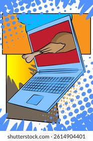 Cartoon Laptop, comic book Notebook with chicken drumstick and thigh. Retro vector comics pop art design.