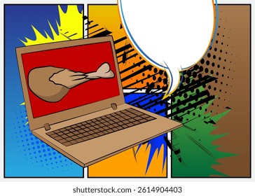 Cartoon Laptop, comic book Notebook with chicken drumstick and thigh. Retro vector comics pop art design.