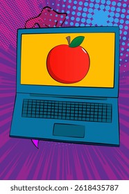 Cartoon Laptop, comic book Notebook with Apple. Retro vector comics pop art design.