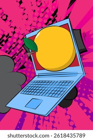 Cartoon Laptop, comic book Notebook with Apple. Retro vector comics pop art design.