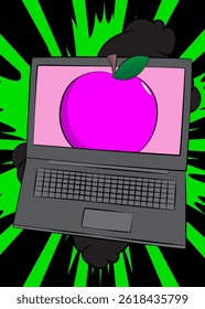 Cartoon Laptop, comic book Notebook with Apple. Retro vector comics pop art design.