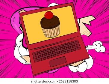 Laptop Desenho Animado, livro de quadrinhos Notebook com Cupcake. Quadrinhos vetoriais retrô com design de arte pop.