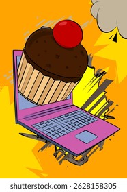 Cartoon Laptop, comic book Notebook with Cupcake. Retro vector comics pop art design.
