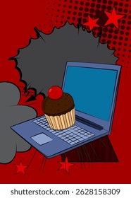 Portátil de dibujos animados, cuaderno de cómic con Cupcake. Diseño de arte pop de cómics de Vector retro.