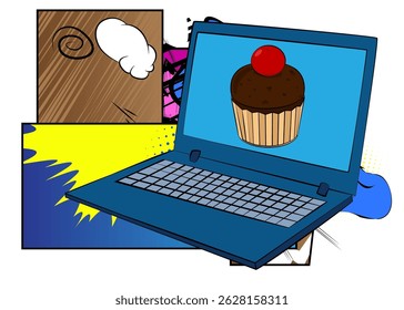 Cartoon Laptop, comic book Notebook with Cupcake. Retro vector comics pop art design.
