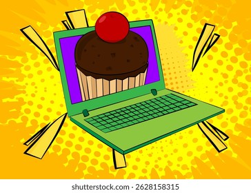 Laptop Desenho Animado, livro de quadrinhos Notebook com Cupcake. Quadrinhos vetoriais retrô com design de arte pop.