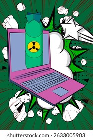 Cartoon Laptop, Comic-Notebook mit Raketenbombe. Retro Vektor Comics Pop Art Design.