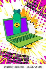 Cartoon Laptop, comic book Notebook with Missile bomb. Retro vector comics pop art design.