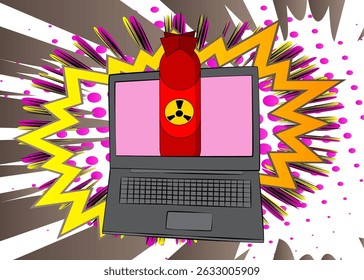 Cartoon Laptop, livro de quadrinhos Notebook com bomba de míssil. Quadrinhos vetoriais retrô com design de arte pop.