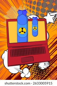 Cartoon Laptop, comic book Notebook with Missile bomb. Retro vector comics pop art design.
