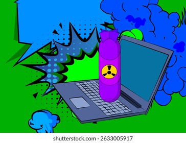 Cartoon Laptop, Comic-Notebook mit Raketenbombe. Retro Vektor Comics Pop Art Design.