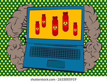 Portátil de dibujos animados, cuaderno de cómic con bomba de misil. Diseño de arte pop de cómics de Vector retro.