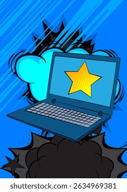 Cartoon Laptop, comic book Notebook with Star. Retro vector comics pop art design.