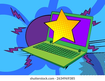 Portátil de dibujos animados, cuaderno de cómic con estrella. Diseño de arte pop de cómics de Vector retro.
