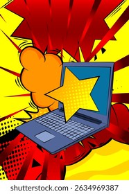 Cartoon Laptop, comic book Notebook with Star. Retro vector comics pop art design.