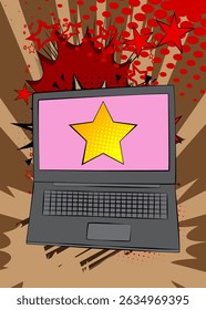 Portátil de dibujos animados, cuaderno de cómic con estrella. Diseño de arte pop de cómics de Vector retro.
