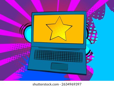 Cartoon Laptop, comic book Notebook with Star. Retro vector comics pop art design.