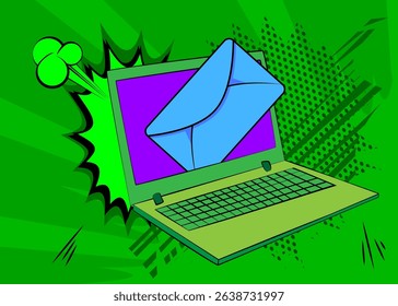 Cartoon Laptop, comic book Notebook with Letter Envelope. Retro vector comics pop art design.