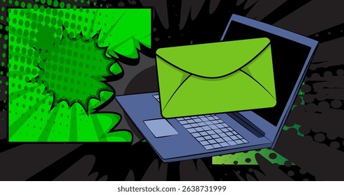 Cartoon Laptop, comic book Notebook with Letter Envelope. Retro vector comics pop art design.