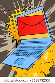 Cartoon Laptop, comic book Notebook with Letter Envelope. Retro vector comics pop art design.