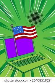 Cartoon Laptop, comic book Notebook with American Flag. Retro vector comics pop art design.
