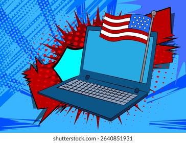 Cartoon Laptop, comic book Notebook with American Flag. Retro vector comics pop art design.