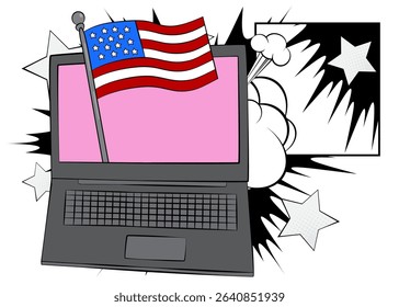 Cartoon Laptop, comic book Notebook with American Flag. Retro vector comics pop art design.