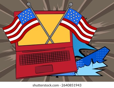 Cartoon Laptop, comic book Notebook with American Flag. Retro vector comics pop art design.