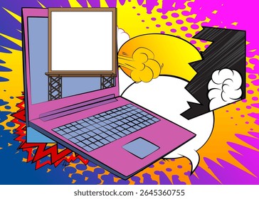 Cartoon Laptop, Comic-Notebook mit Billboard. Retro Vektor Comics Pop Art Design.