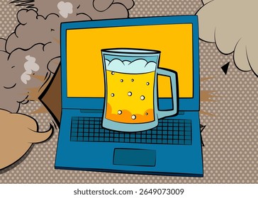 Cartoon Laptop, comic book Notebook with Beer glass. Retro vector comics pop art design.