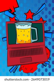 Cartoon Laptop, comic book Notebook with Beer glass. Retro vector comics pop art design.